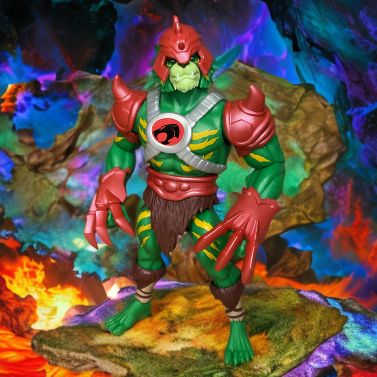 MOTU Origins Battle Cat-Man figure in roaring pose highlighting sharp fangs and green tiger-like features.