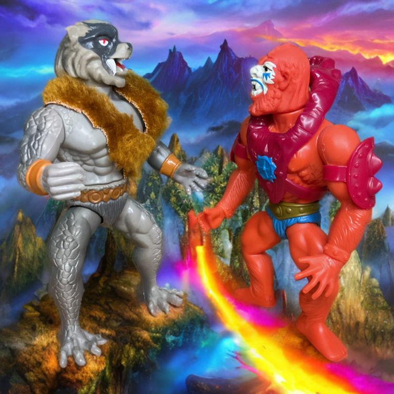 Wolf Warrior vintage da série Warrior Beasts, mostrando a cabeça de lobo rosnando, orelhas pontudas, membros grossos, algemas laranja, pernas dinâmicas e pelagem falsa sobre os ombros enquanto enfrenta o Beast Man da MOTU.