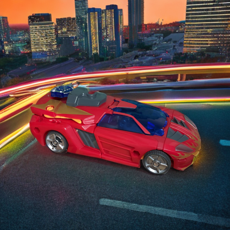 Excellion fully transformed into red flame-decaled sports car mode with Cyber Planet Key inserted.