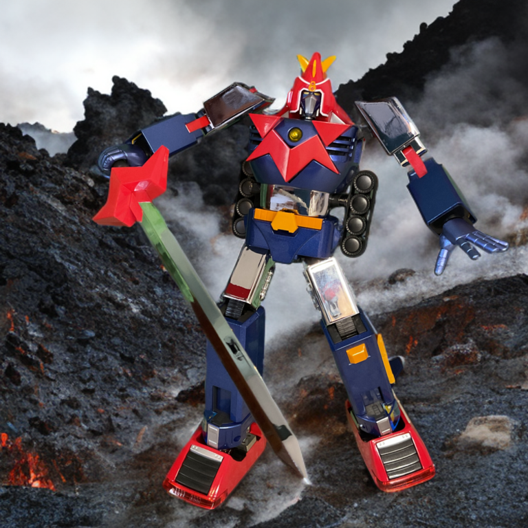 Voltes V GX-31SP 50th Anniversary edition illuminated by spotlight, emphasizing mirror-like silver chrome plating across arms, torso, and legs in fully combined robot mode.