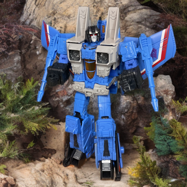 Takara Dramatic Capture Series Thundercracker in robot mode, blue Seeker with red highlights and arm cannons.