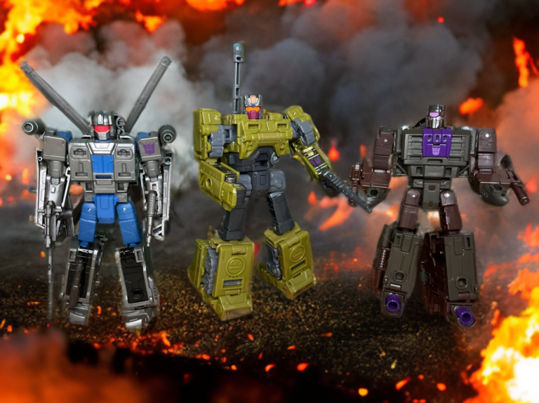Transformers Age of the Primes Combaticon Brawl mit Blast Off und Vortex im Robotermodus Gruppenaufnahme Seite an Seite Decepticon Team.