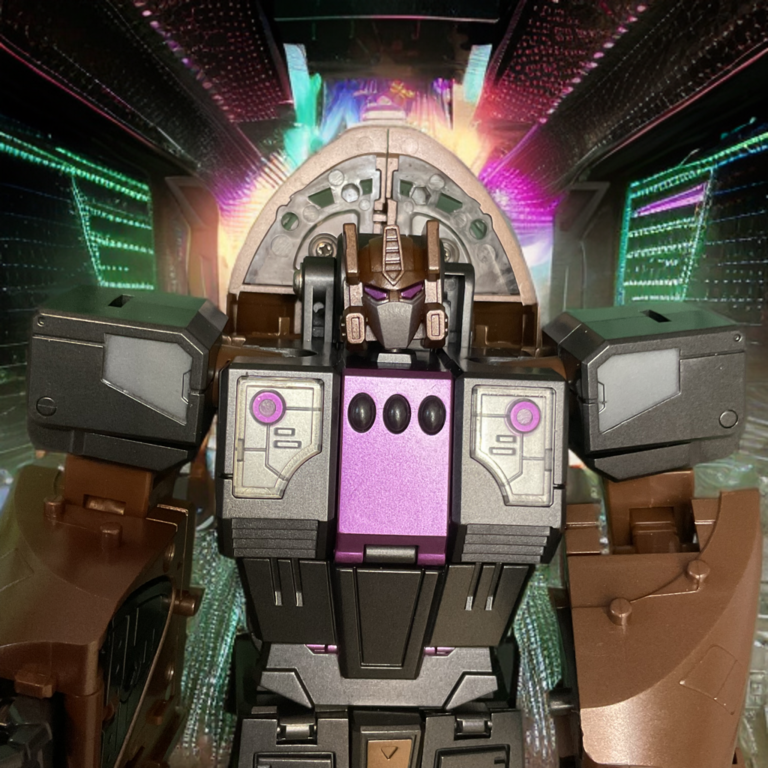 Close-up of Zeta Toys Take Off in robot mode, showing silver helmet, gray torso plating, purple accents, and dual blasters against a dark background.