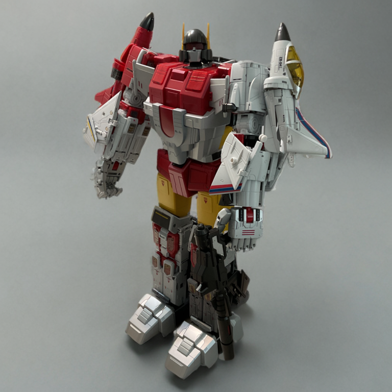 Zeta Toys Superitron in wide-legged combat stance, highlighting stability and metallic white-red-blue scheme.