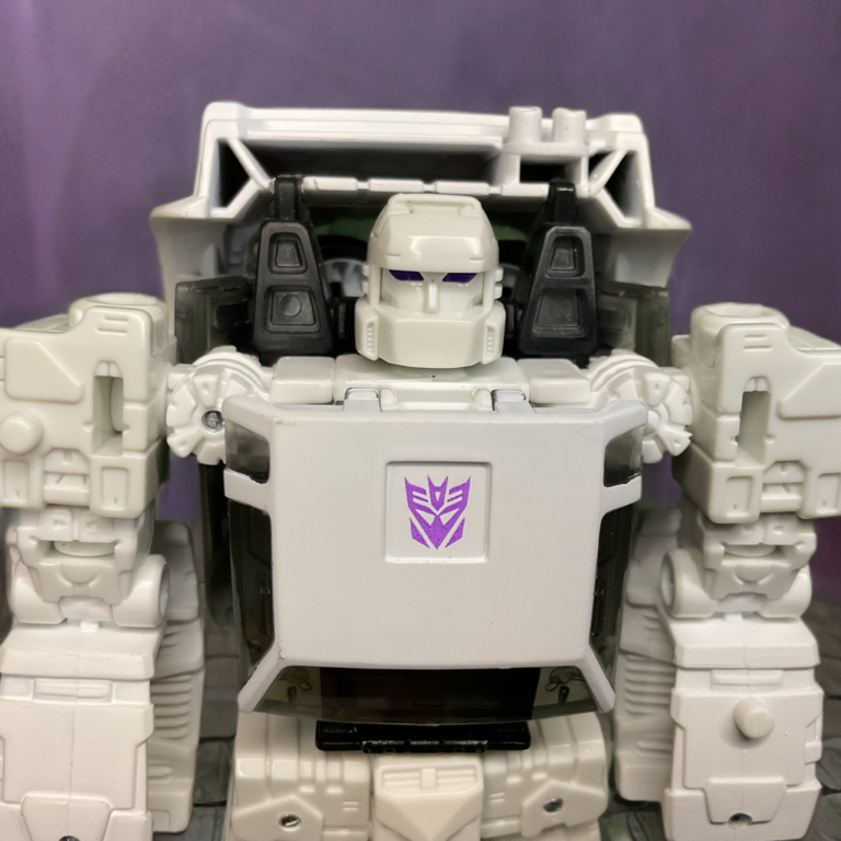 Close-up of Runamuck's head sculpt from Earthrise line, featuring refined helmet and expressive Decepticon face.