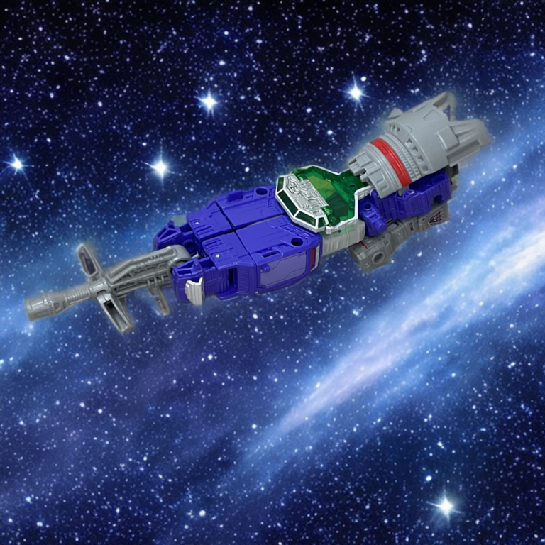 Cybertronian Spacecraft flying with space backdrop.