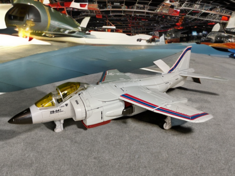 Zeta Toys ZB-06 Catapult Metallic Edition AV-8B Harrier jet mode, white dominant with metallic maroon accents and rotatable nozzles, front three-quarter view.