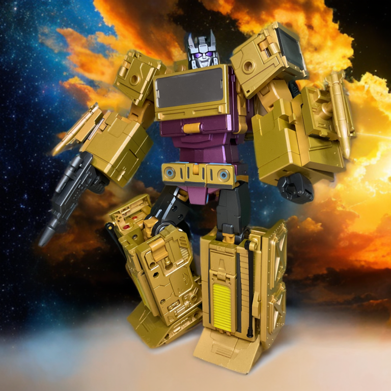 Upper body close-up of Zeta Toys Racket robot mode, purple chest with blue stripes, black head and visor, tan arms with mounted cannons visible.