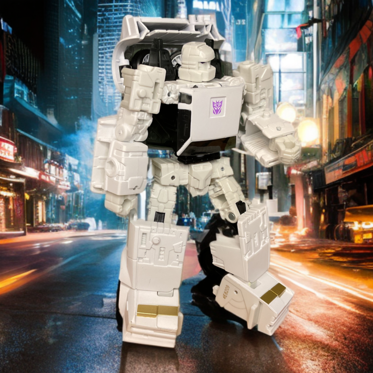 Earthrise Runamuck in an energetic robot pose with blaster raised, embodying mischievous Decepticon fun.