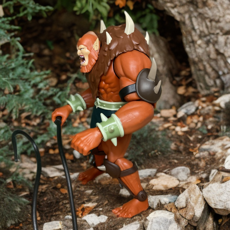Side view of MOTU Origins Beast Man action figure highlighting back fur texture and spiked shoulder armor.