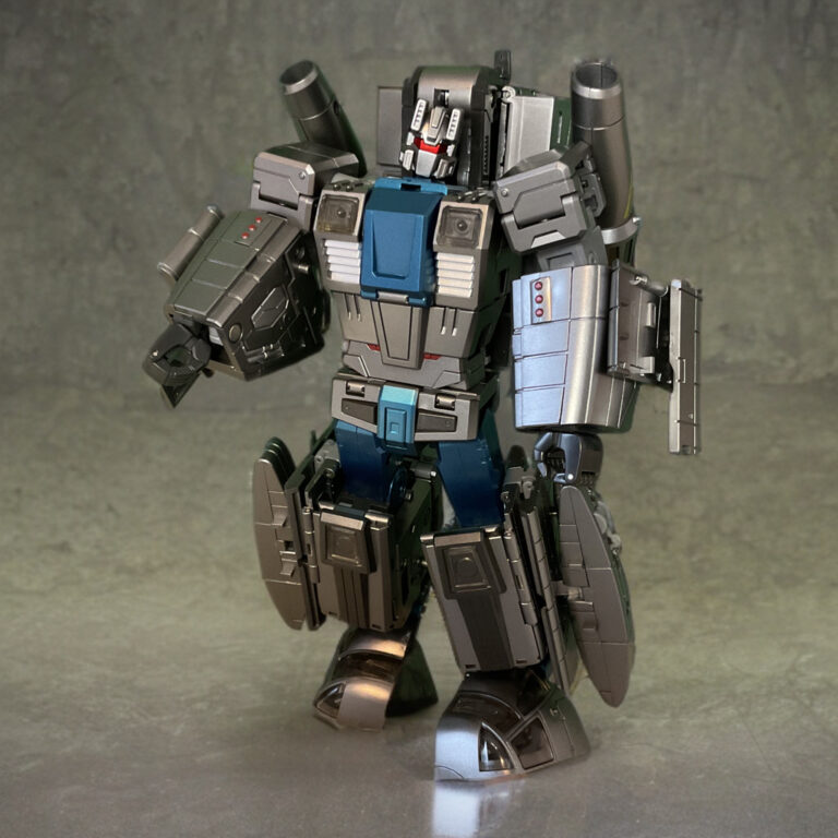 Zeta Toys Whirlblade in robot mode, purple and gray armored body with teal accents, holding a large white cannon in dynamic pose against gray background.