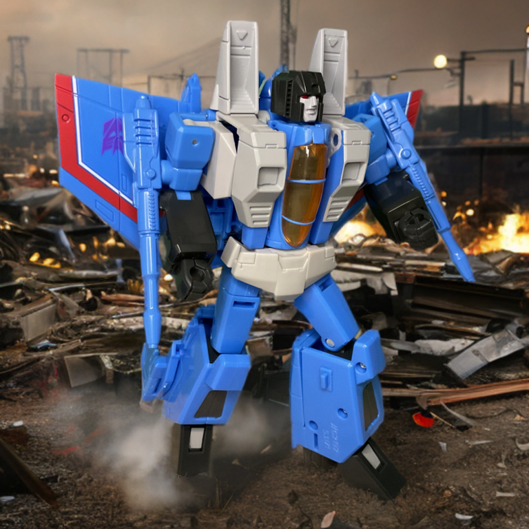 トランスフォーマー・スタジオシリーズのサンダークラッカー・ロボットモードの側面、シルバーの脚とウイングバックパックのディテールが見える。.