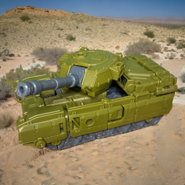 Draufsicht auf Transformers Age of the Primes Brawl im kompletten Panzermodus mit Betonung auf Turm und Panzerung.