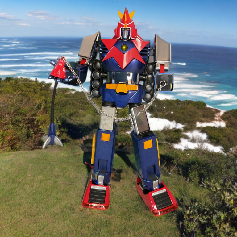 Aerial perspective of Soul of Chogokin GX-31SP Voltes V fully assembled highlighting symmetrical design, V emblem, and chrome thrusters.