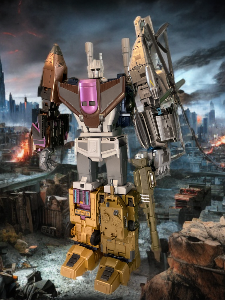 Zeta Toys Bruticus combiner figure posed aggressively in outdoor environment with destroyed city in background.