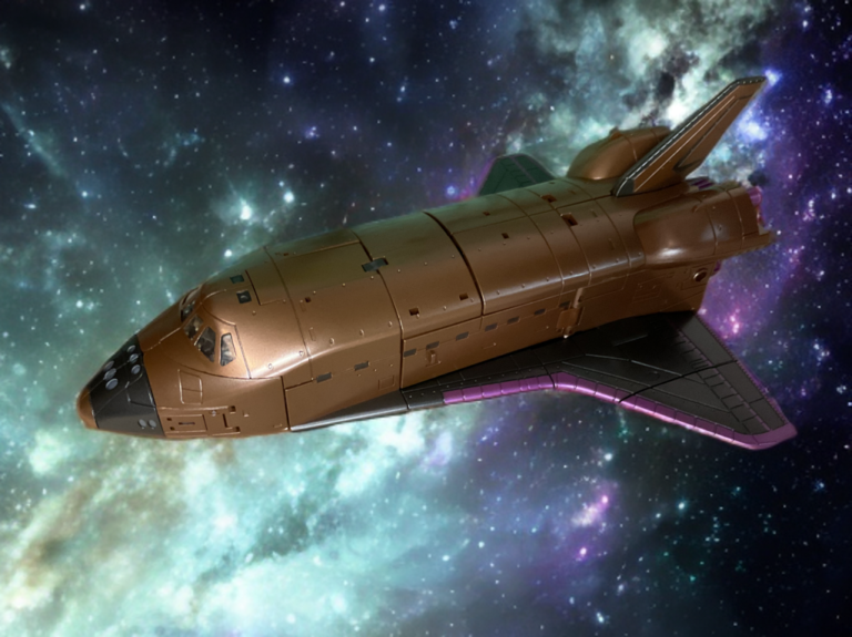 Brown shuttle with purple details in vehicle form.