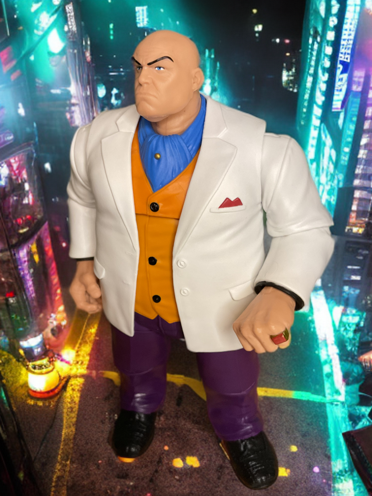 Figurine Kingpin de Marvel Legends en costume blanc, carrure surdimensionnée et canne, posée comme l'impitoyable seigneur du crime new-yorkais.