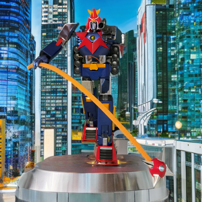 Dynamic action pose of fully combined Voltes V GX-31SP mid-spin attack, arms extended as if deploying Super Electromagnetic Yo-Yo, chrome accents catching light for dramatic effect.