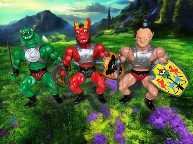 Assorted vintage MOTU-style bootleg and knock-off action figures, generic barbarians, monsters, and warriors from 1980s unauthorized lines
