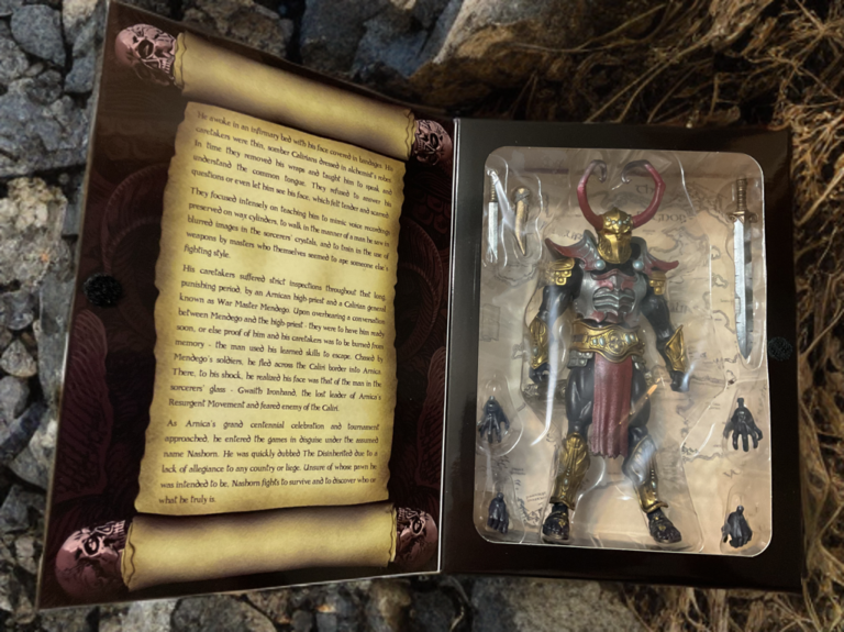 Savage Crucible Nashorn The Disinherited action figure in original sealed window box packaging, front view showing figure, accessories hints, and fantasy artwork, Fantasy Action Figures branding overlay.