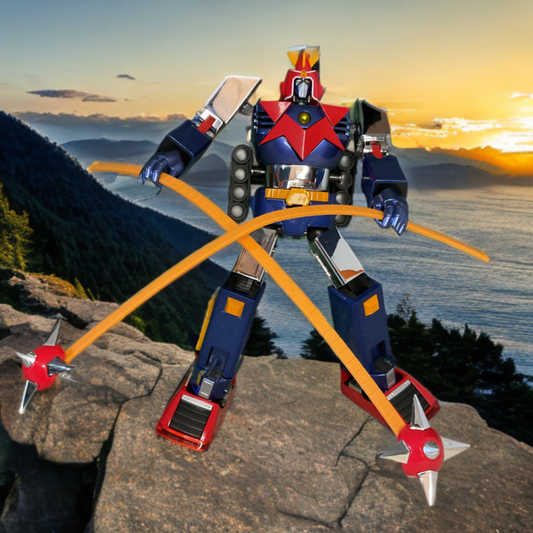 Side view of completed Voltes V GX-31SP figure posed showcasing articulated shoulders, chrome arms, and balanced stance under dramatic lighting.