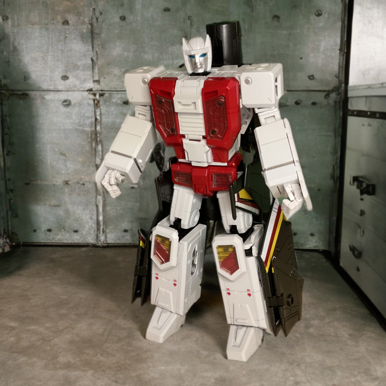 Full body robot mode of Zeta Toys ZB-06 Airstrike Metallic Edition, metallic blue and white with red accents, aggressive standing pose.