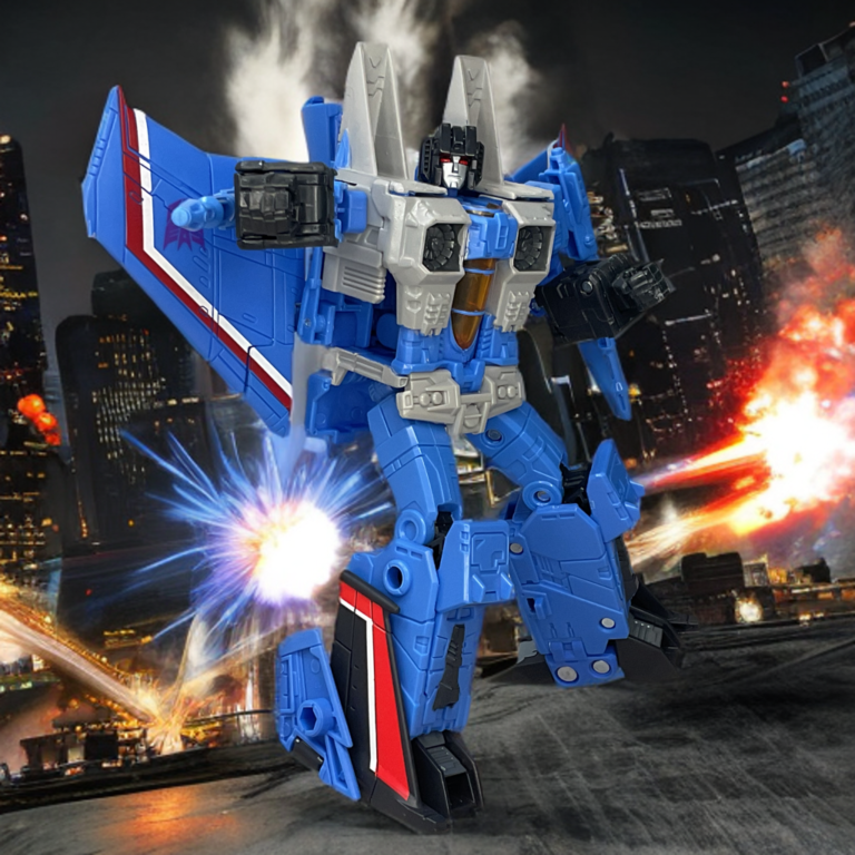 Takara Tomy Thundercracker Dramatic Capture Series in aggressive combat pose with explosions in the background.