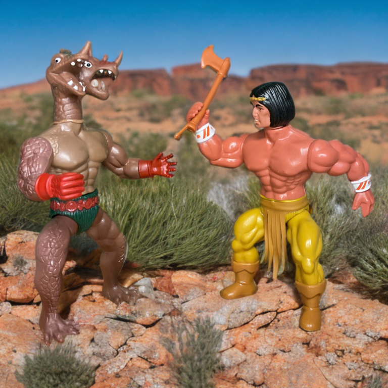 1982 Remco Arak Son of Thunder action figure facing against Hydraz Warrior Beasts figure in an arid desert, axe versus beast's weapon, epic confrontation in natural outdoor setting.