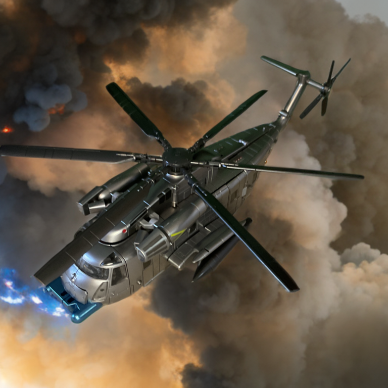 Close side view of Zeta Toys Whirlblade in helicopter form, showing gray armor plating, black rotor assembly, and rear tail with accents.