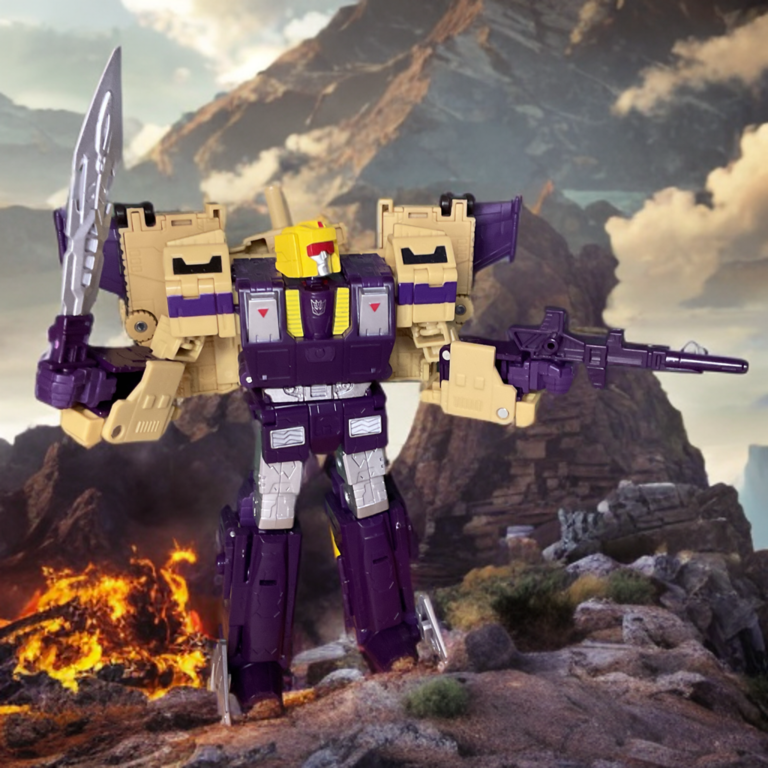 Hasbro Transformers Legacy Blitzwing Leader Class in robot mode, purple and beige with red visor and weapon.