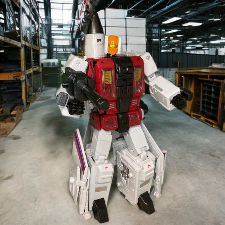 Full body robot mode of Zeta Toys ZB-06 Catapult Metallic Edition, white base with metallic maroon panels and aggressive stance.