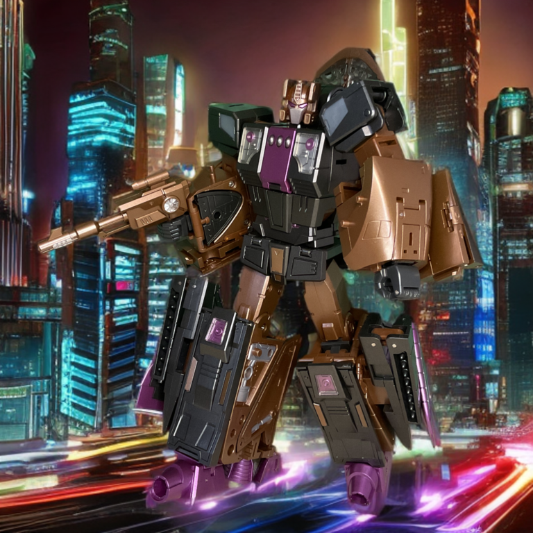 Space shuttle robot posed dynamically in neon lit city.