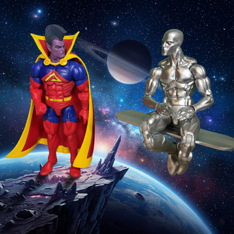 Gladiator (Kallark) standing alongside Silver Surfer in a dramatic team pose, representing their frenemy relationship and shared role in Marvel's Annihilators cosmic team.