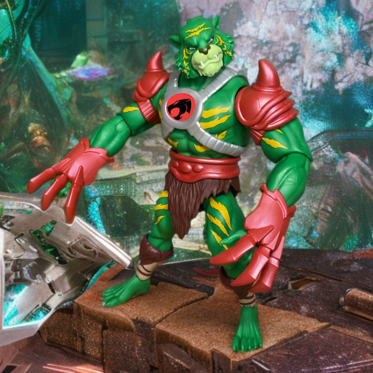 Close detail of Battle Cat-Man Origins figure's red armor claws and gauntlets in slashing position.
