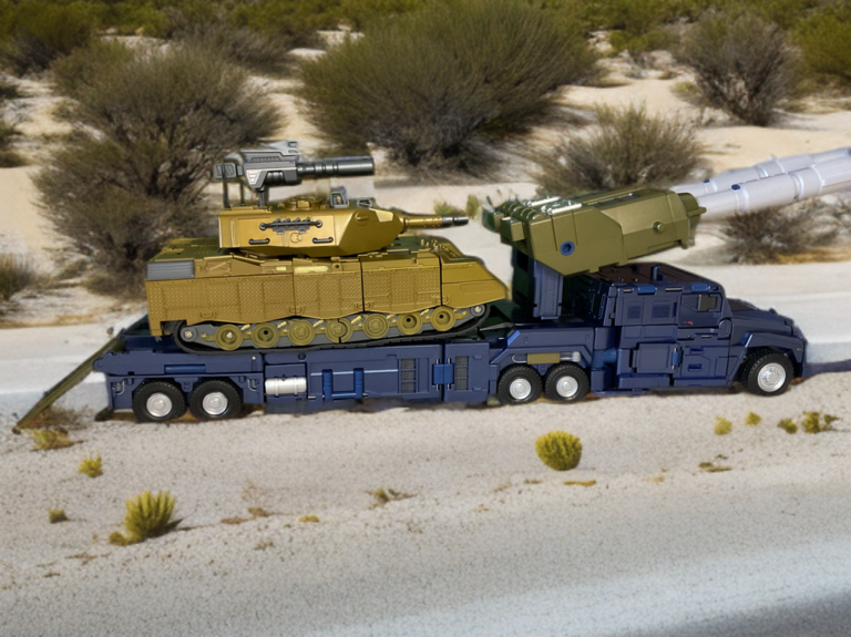 Zeta Toys Blitzkrieg in artillery truck mode loaded with tank (Uproar) on his truck bed in the desert.
