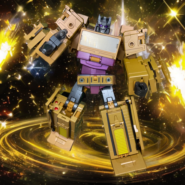 Zeta Toys Racket in robot mode, tan and purple armored body with purple accents, dual large guns mounted on shoulders, posed against dynamic background.