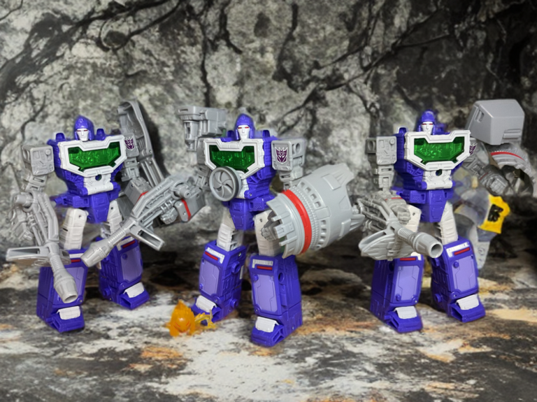 Transformers Reflector team in individual robot modes from Dramatic Capture Series, purple and gray scouts with green screens in front of a rocky backdrop.