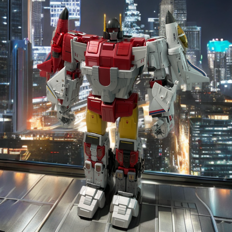 Front view of towering Zeta Superitron Metallic combiner, arms outstretched in heroic pose with premium paint.