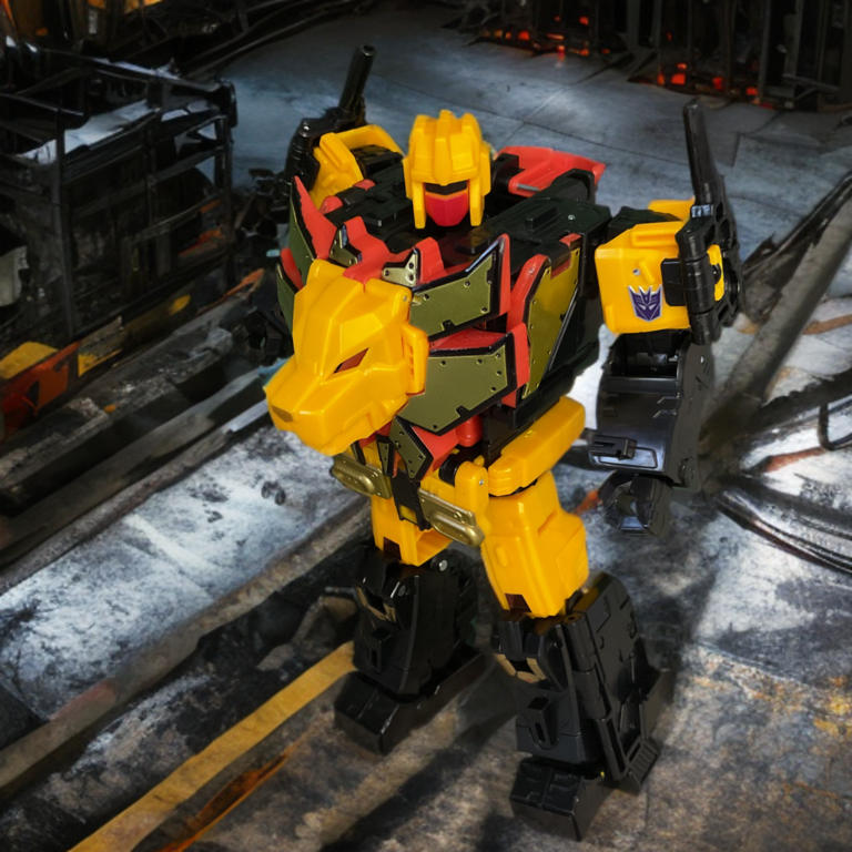 Transformers Power of the Primes Razorclaw im Robotermodus, in königlicher Pose mit detaillierter goldener Mähne und gebieterischer Präsenz.
