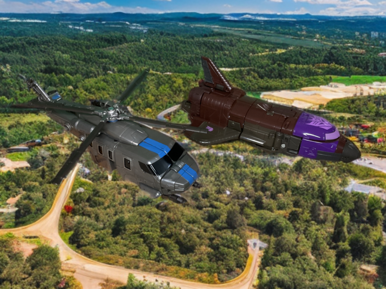 Transformers Age of the Primes Combaticon Blast Off shuttle mode flying alongside Vortex helicopter mode, dynamic aerial team pose.
