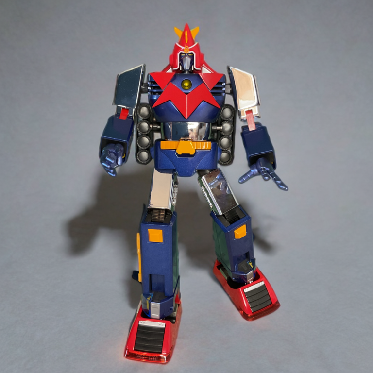 Fully combined GX-31SP Voltes V in low crouch power pose, legs spread for stability, chrome chest and shoulders reflecting light, ready to launch an attack.