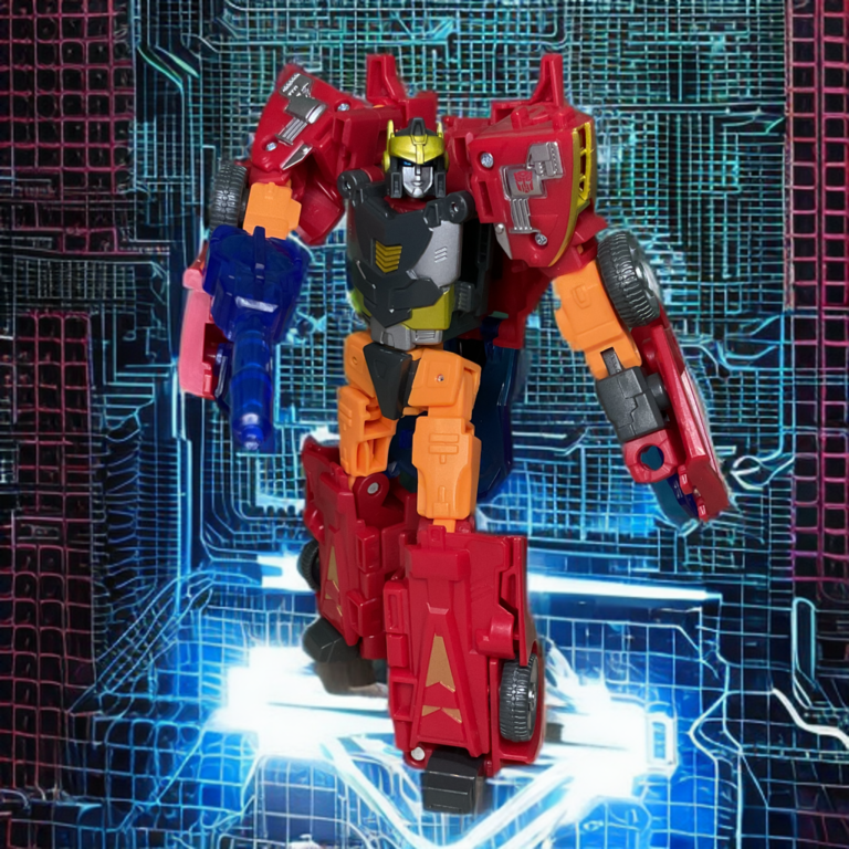 Age of the Primes Excellion figure in dynamic action pose with flared spoiler wings, blue cannon, and determined expression.