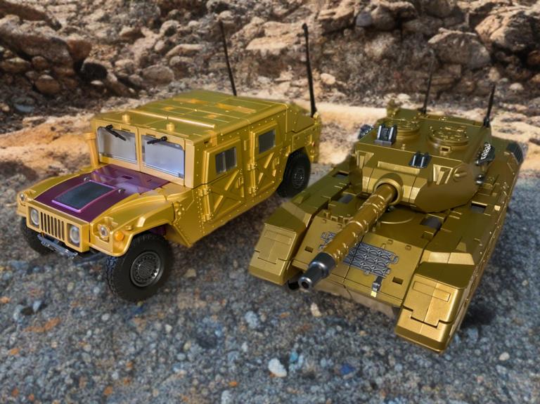 Racket and Uproar posed together in vehicle modes against a rocky landscape backdrop.
