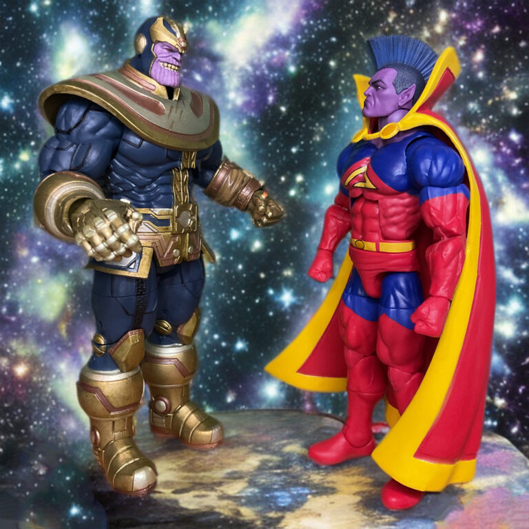 Gladiator in a powerful fistfight with Thanos amid lunar ruins in the Duel of Honor.