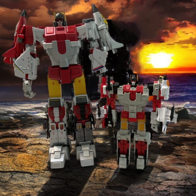 Side-by-side comparison: Zeta Toys ZB-06 Superitron Metallic Edition next to Hasbro Age of the Primes Superion combiner figures.