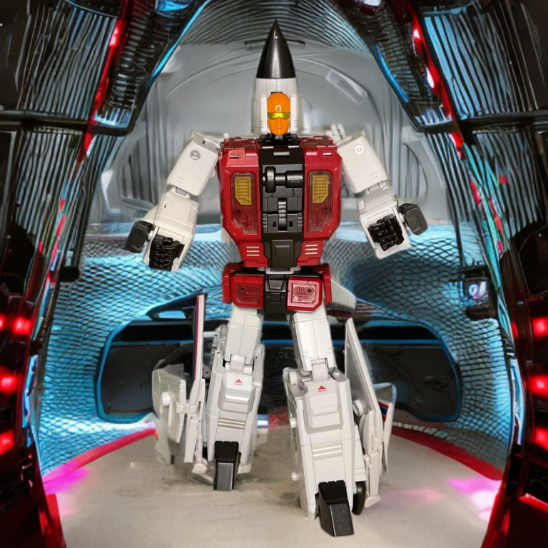 Zeta Catapult Metallic in boastful robot pose with blaster raised, detailed metallic maroon accents and full articulation visible.