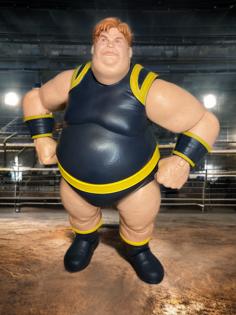 Figurine Blob de Marvel Legends, mettant en valeur son énorme corps élastique et son costume jaune dans une posture puissante et ancrée.