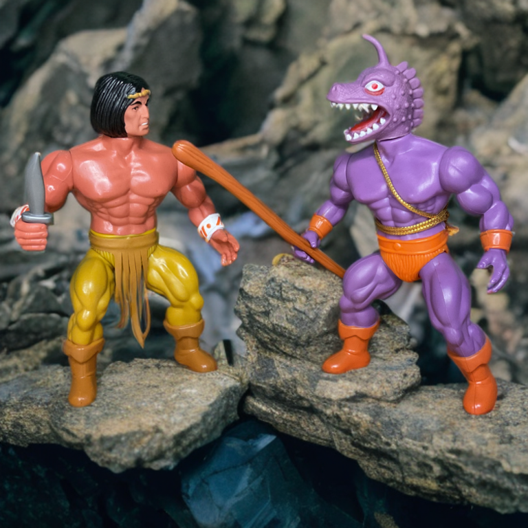 Figurine Remco Lost World of the Warlord Arak debout à côté du jouet Gecko Warrior Beasts variante violette dans une zone rocheuse naturelle, guerrier héroïque et bête reptilienne posés ensemble en plein air.