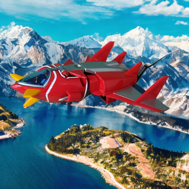 Bandai Soul of Chogokin GX-31SP Volt Cruiser in full jet fighter vehicle mode, red body with white and blue accents, yellow nose spike, and transparent blue cockpit, posed in flight.