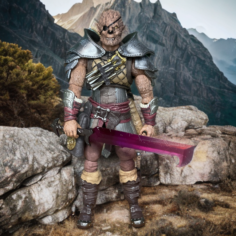 Figura Jaeger de Crisol Salvaje que empuña una espada con empuñadura detallada y acabado metálico.